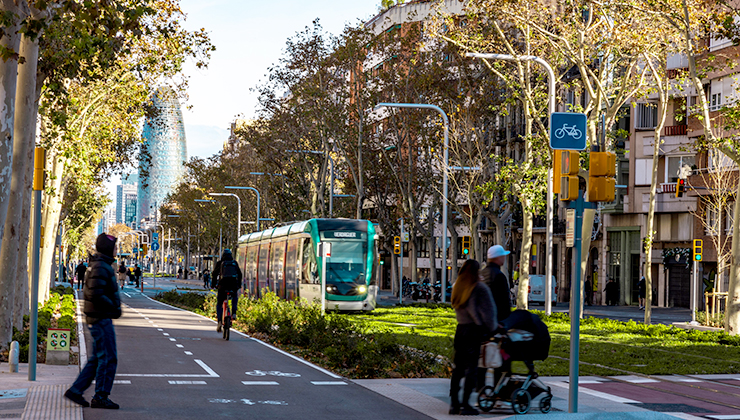 Green and wide avenue with tram and bicycle lane in Barcelona city