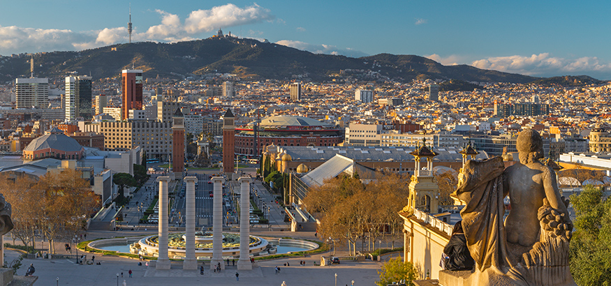 Panorama from the Palace Real with the Plaza Espana at the sunset light, Barcelona