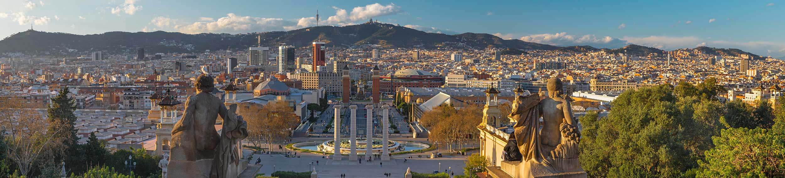 Panorama from the Palace Real with the Plaza Espana at the sunset light, Barcelona
