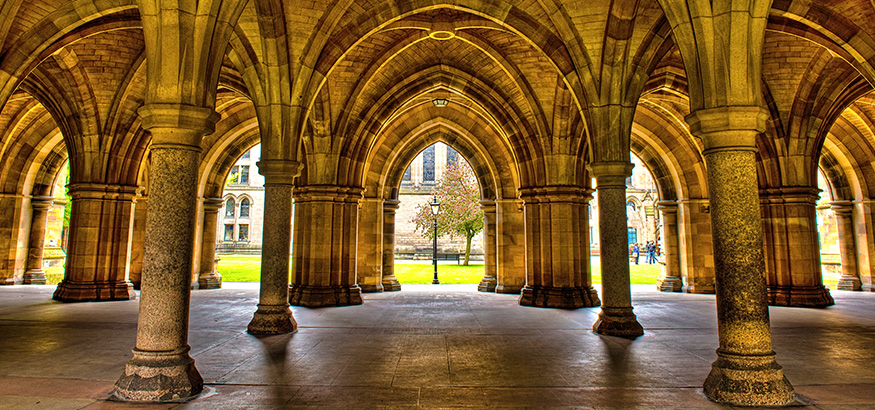 View from within the Cloister's columns of the University of Glasgow in Scotland..