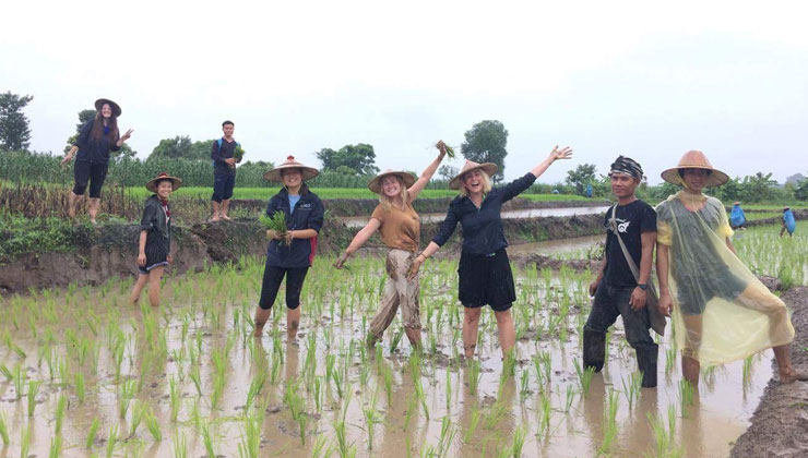 Eight students posing for the camera in rice fields in Bangkok Thailand. 