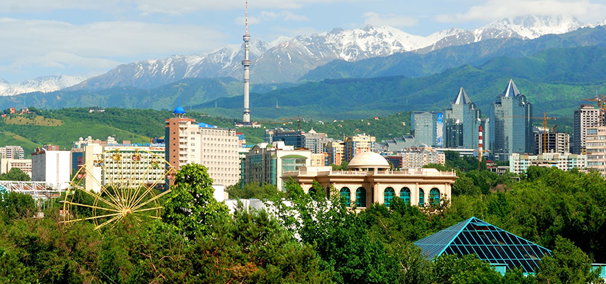 Panoramic view of the city of Almaty, Kazakhstan on a sunny day.
