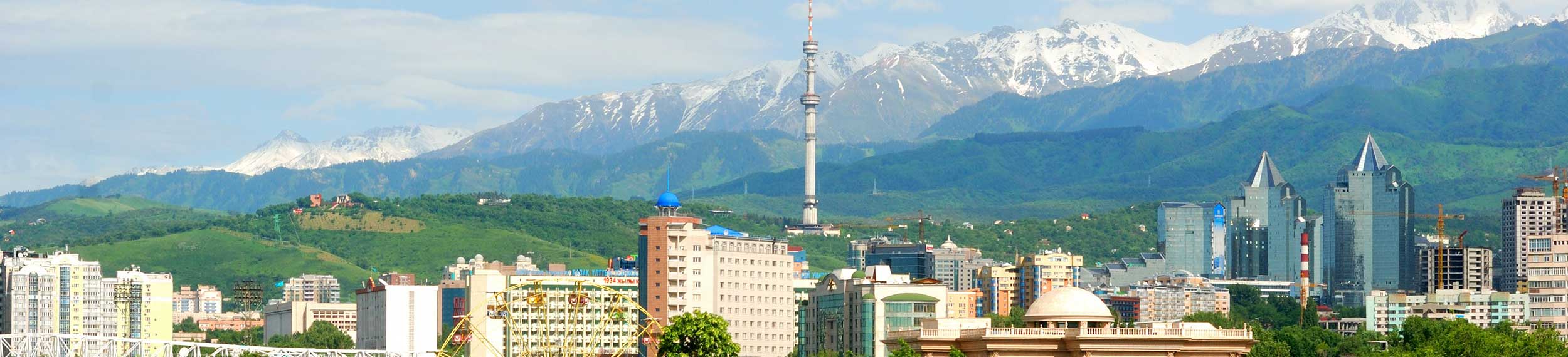Panoramic view of the city of Almaty, Kazakhstan on a sunny day.