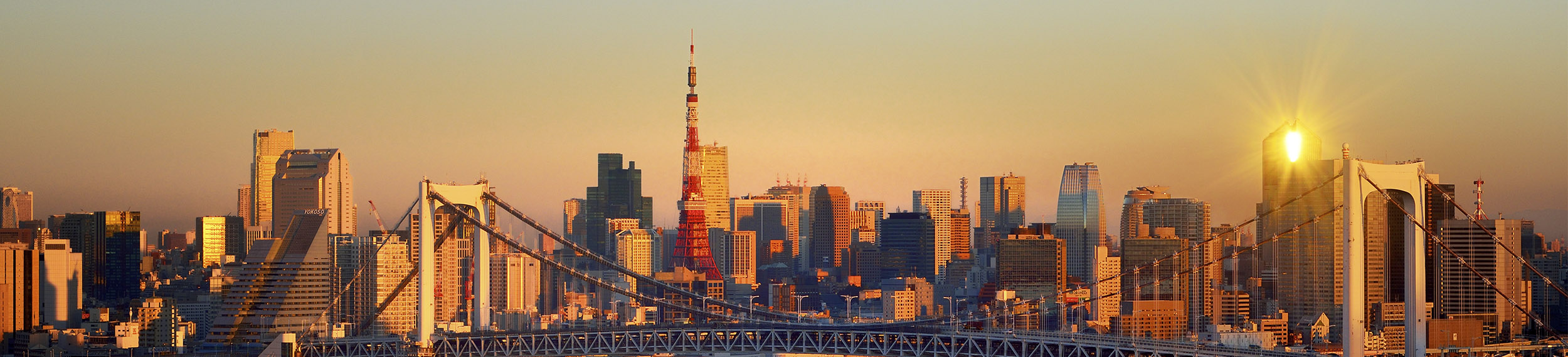 A view of the Tokyo cityscape over Tokyo Bay at sunrise. 