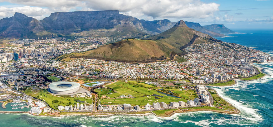 An aerial shot of Table Mountain and the Cape Peninsula in Cape Town South Africa