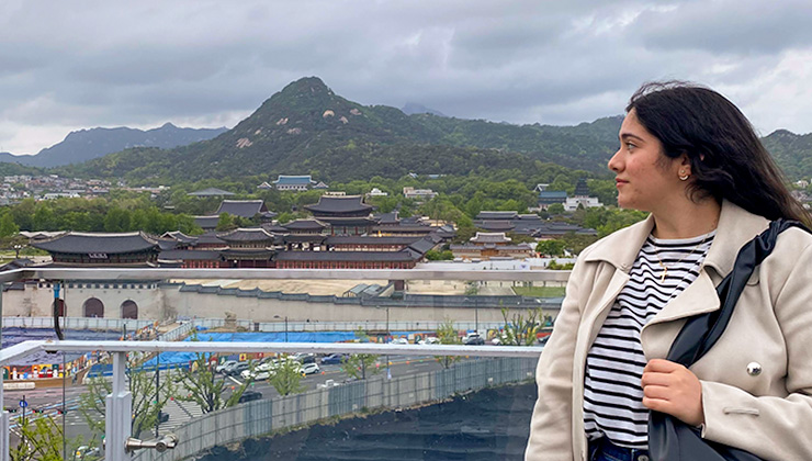 Student at overlook of Gyeongbokgung Palace in Seoul.