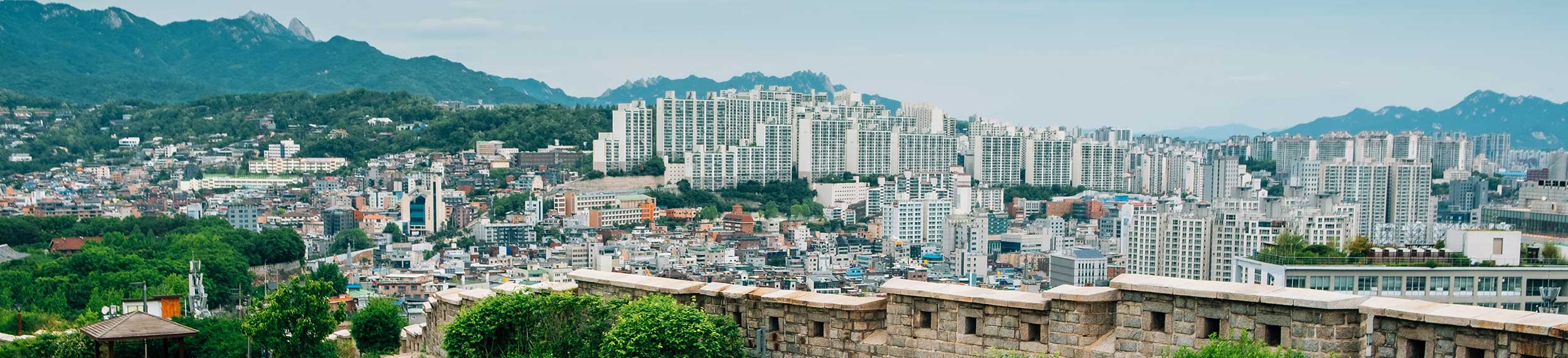 Naksan Park fortress wall road and Seoul cityscape in Seoul, South Korea