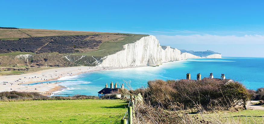 View of white Seven Sisters Cliffs in the South Downs, Sussex, UK