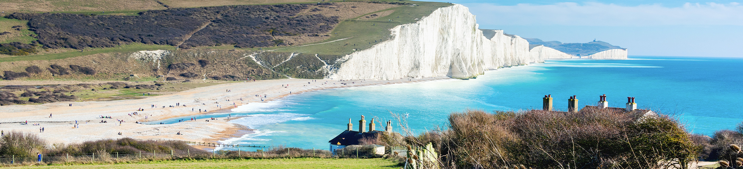 View of white Seven Sisters Cliffs in the South Downs, Sussex, UK