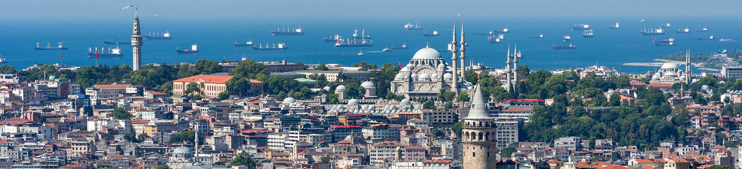 Aerial view of Galata Tower, Suleymaniye Mosque, and Marmara Sea on a sunny day in Istanbul, Turkey.