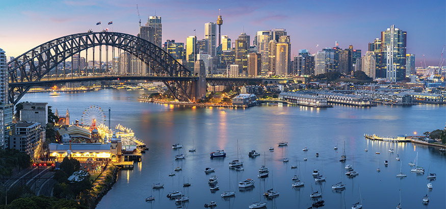 View of the Harbor Bridge with the Sydney, Australia skyline in the background.