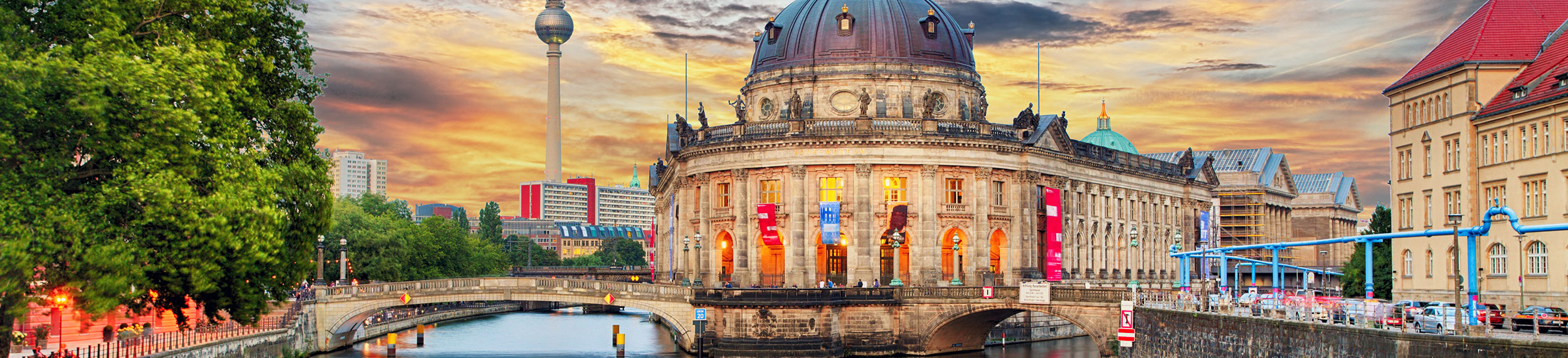 Museum island on Spree river and Alexanderplatz TV tower in the center of Berlin, Germany.