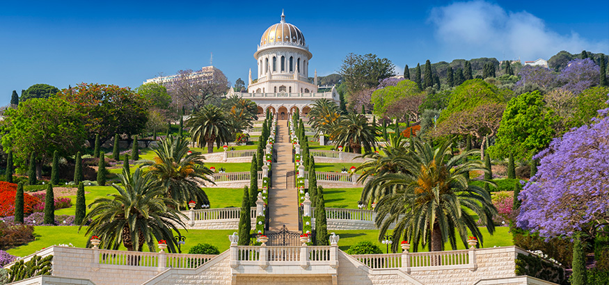 View of Bahai gardens and the Shrine of the Bab on mount Carmel in Haifa, Israel