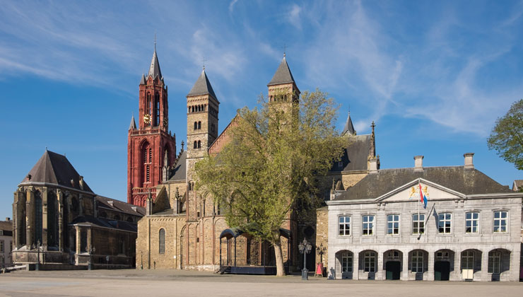 Viewt of Saint Servatius Basilica and Saint John's Church at Vrijthof in Maastricht, Netherlands.