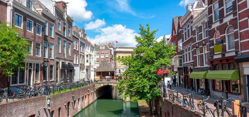 City shot of a canals and buildings in Utrecht, Netherlands.