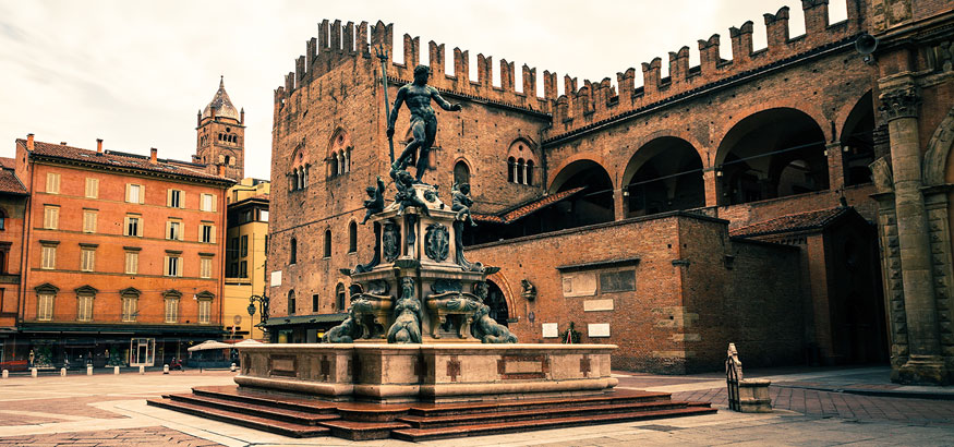 The Fountain of Neptune located in the square of Piazza del Nettuno in Bologna, Italy. 