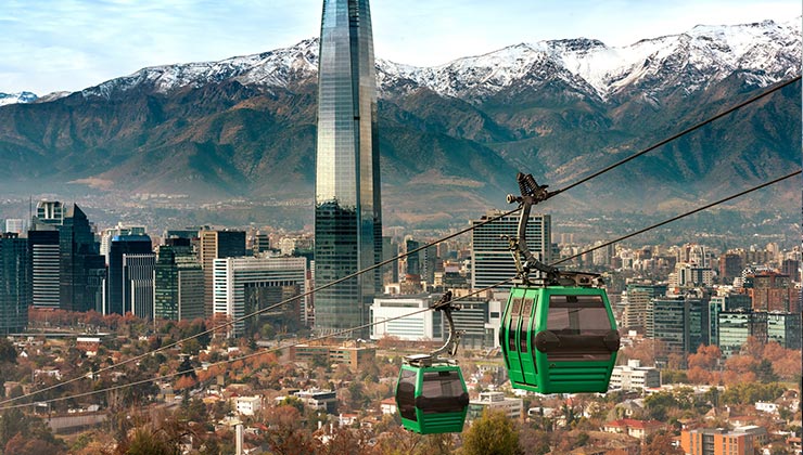 Cable car in San Cristobal hill, overlooking a panoramic view of Santiago. 