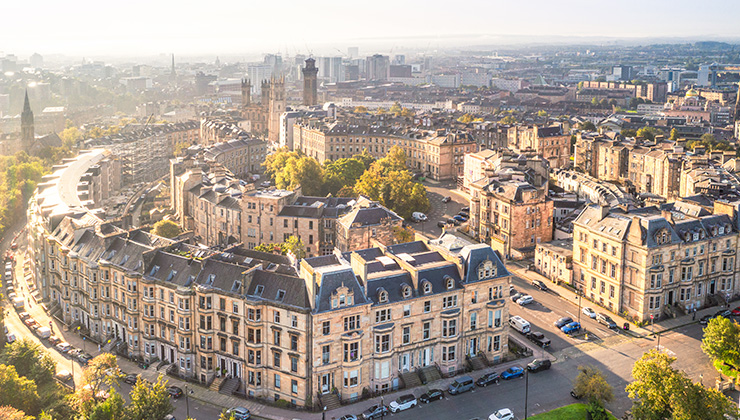 Aerial view of the townhouses and flats of Glasgow's Park District