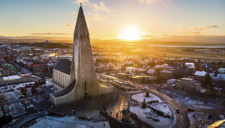 View of the Hallgrimskirkja church and the Reykjavik, Iceland cityscape. 