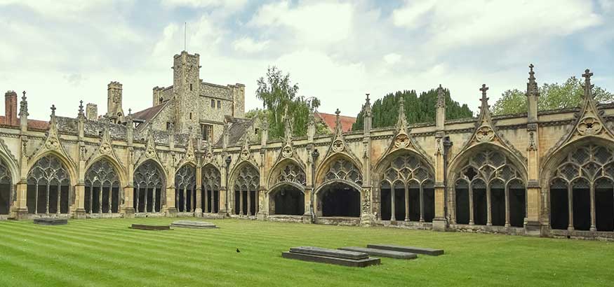 Majestic gothic cloister of Canterbury cathedral in Canterbury, Kent.