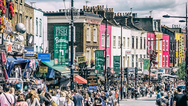 View of busy street and shops in Camden High street, London