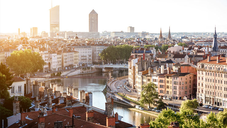An aerial shot of old town Lyon and Saône river in Lyon France.