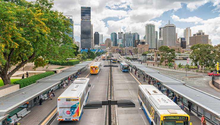 Bus station view a view of the Brisbane skyline in Australia.
