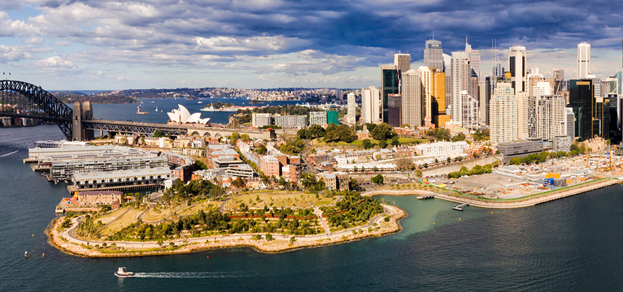 Aerial view of Sydney City business district between the Sydney Harbour bridge and Pyrmont on a sunny day