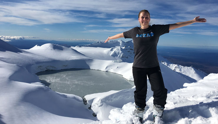 UCEAP student smiling at Crater Lake at the top of Mount Ruapehu in New Zealand. 