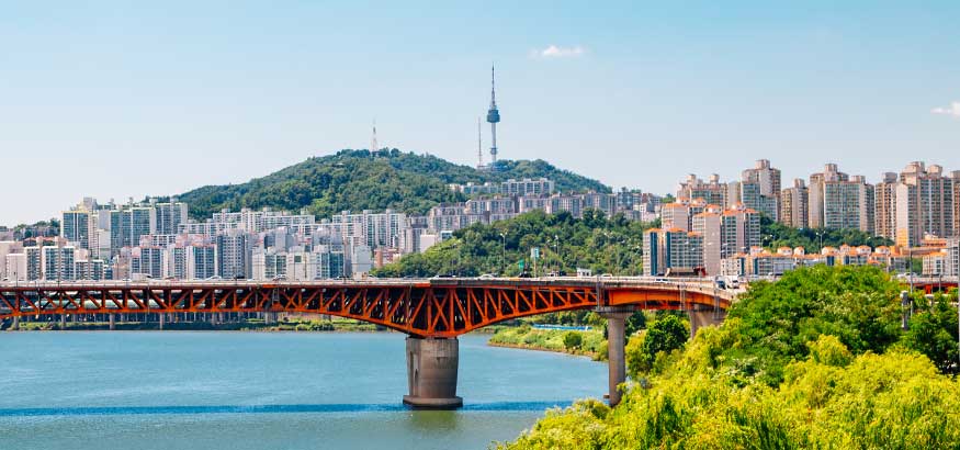 Seongsu Bridge and Seoul city view at Han river park in Kore