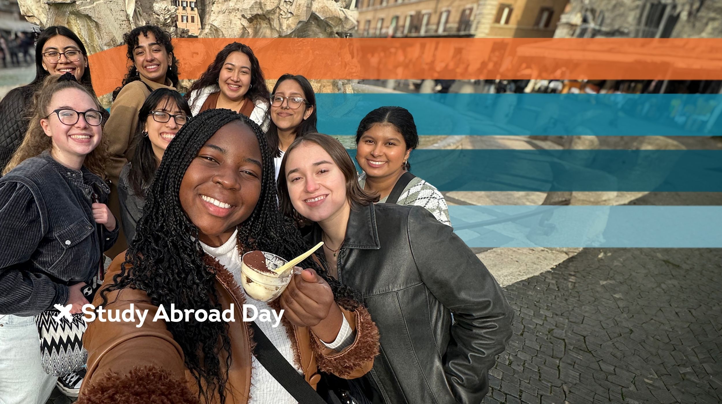 Group of students take a selfie photo by an ornate Italian fountain.