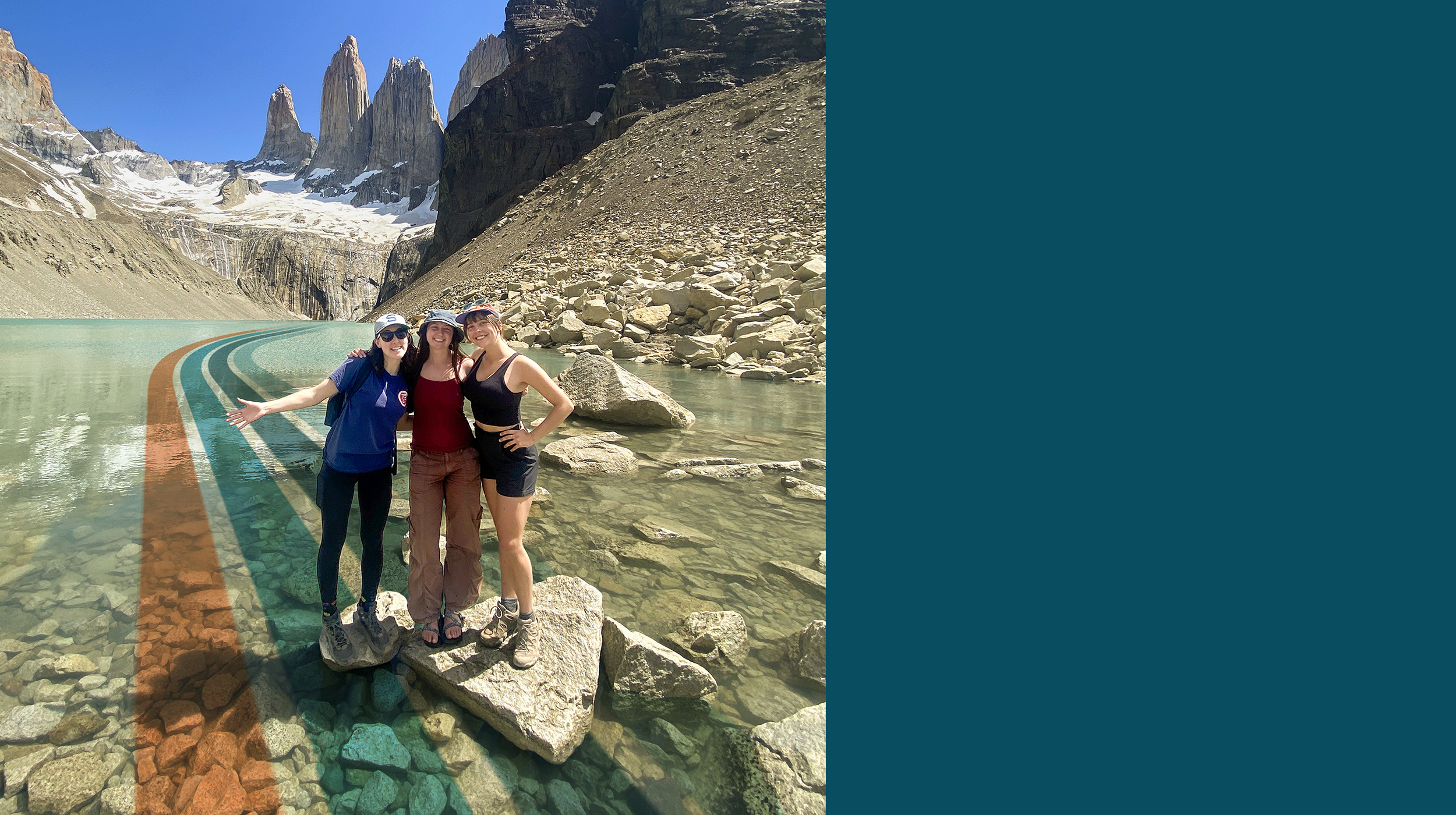 Group of friends standing on shoreline rocks in a mountain lake.