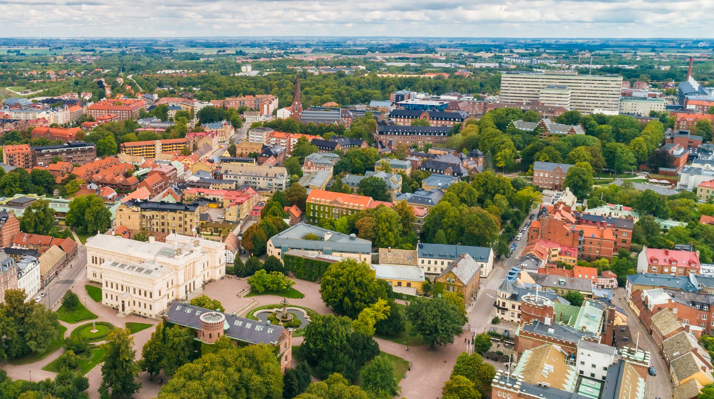 Aerial view of historic old town and Lund University, Scania, Lund, Sweden