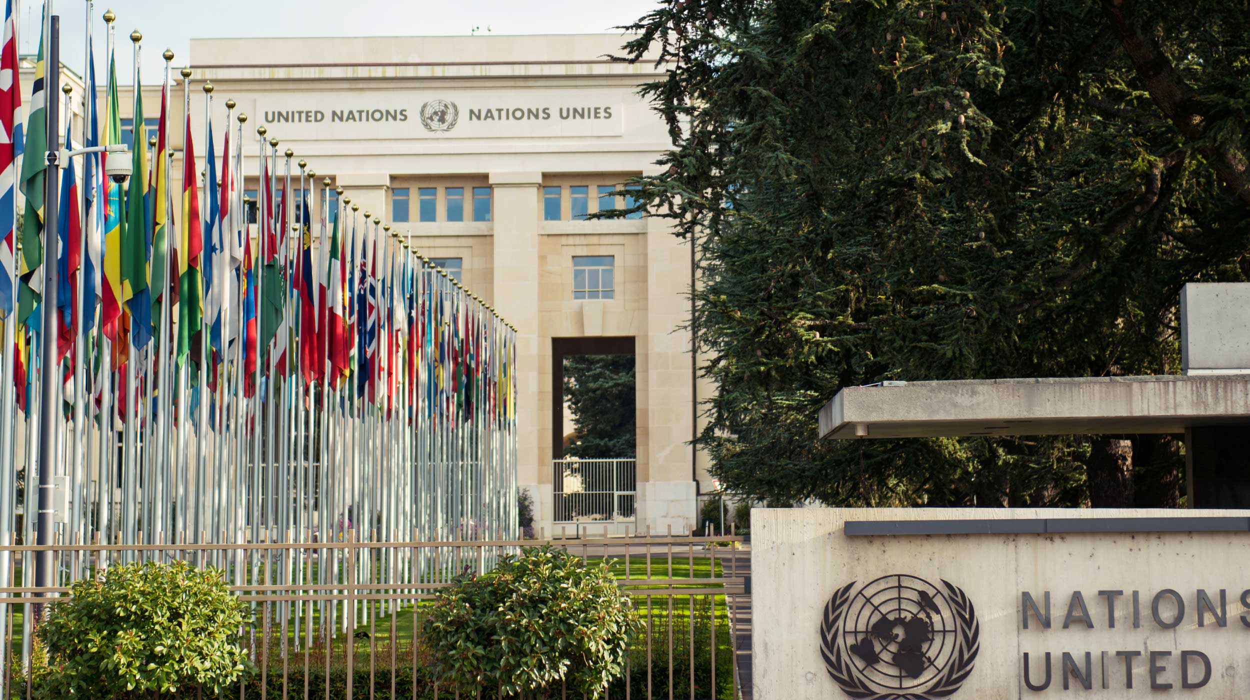 National flags in front of United Nations headquarters in Geneva, Switzerland