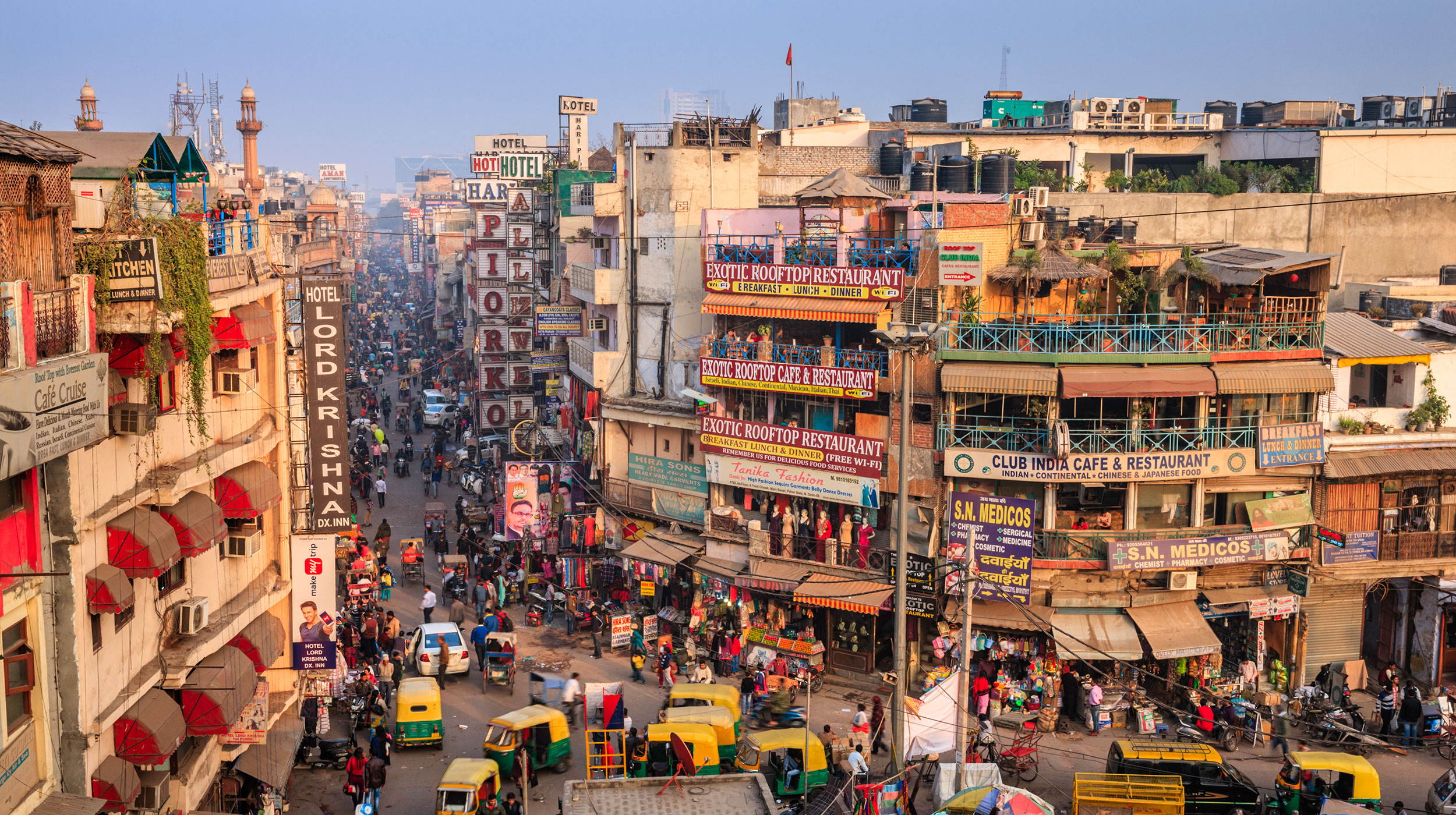 Aerial view of a busy street in New Delhi.