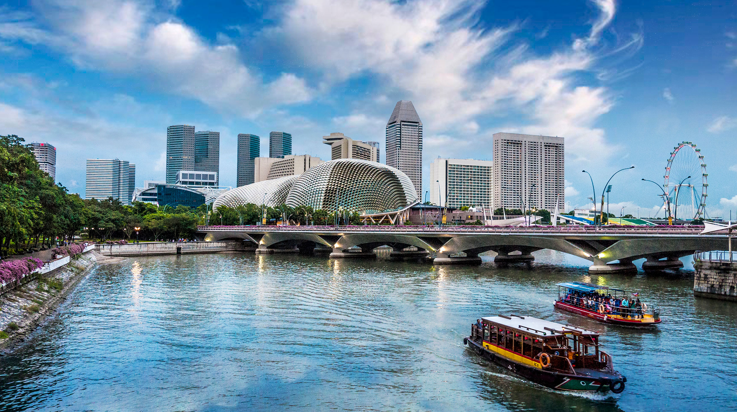 View overlooking the water in Singapore, Esplanade theater in the distance