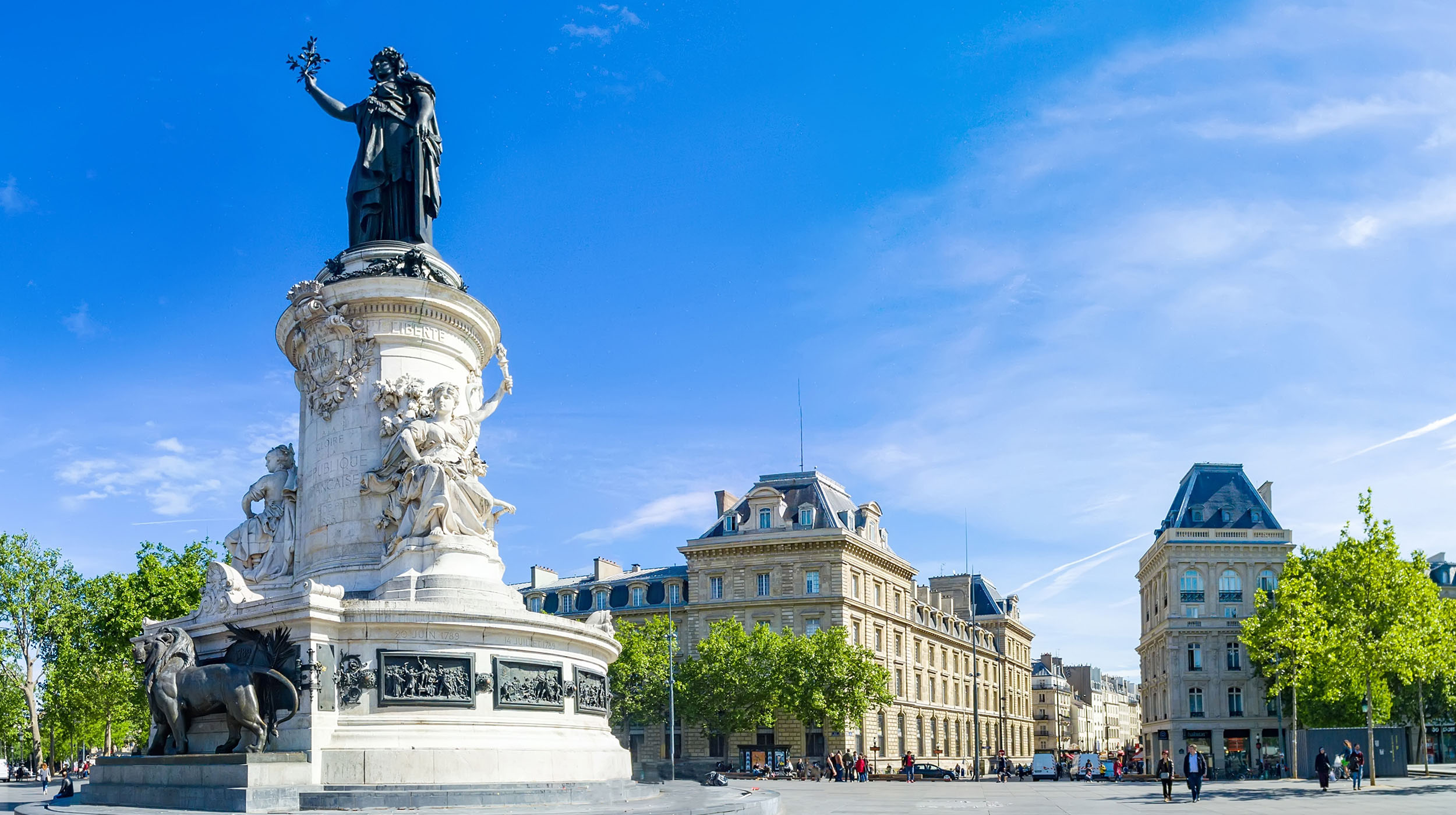 Panoramic view Place de la Republique with symbolic statue of Marianna.