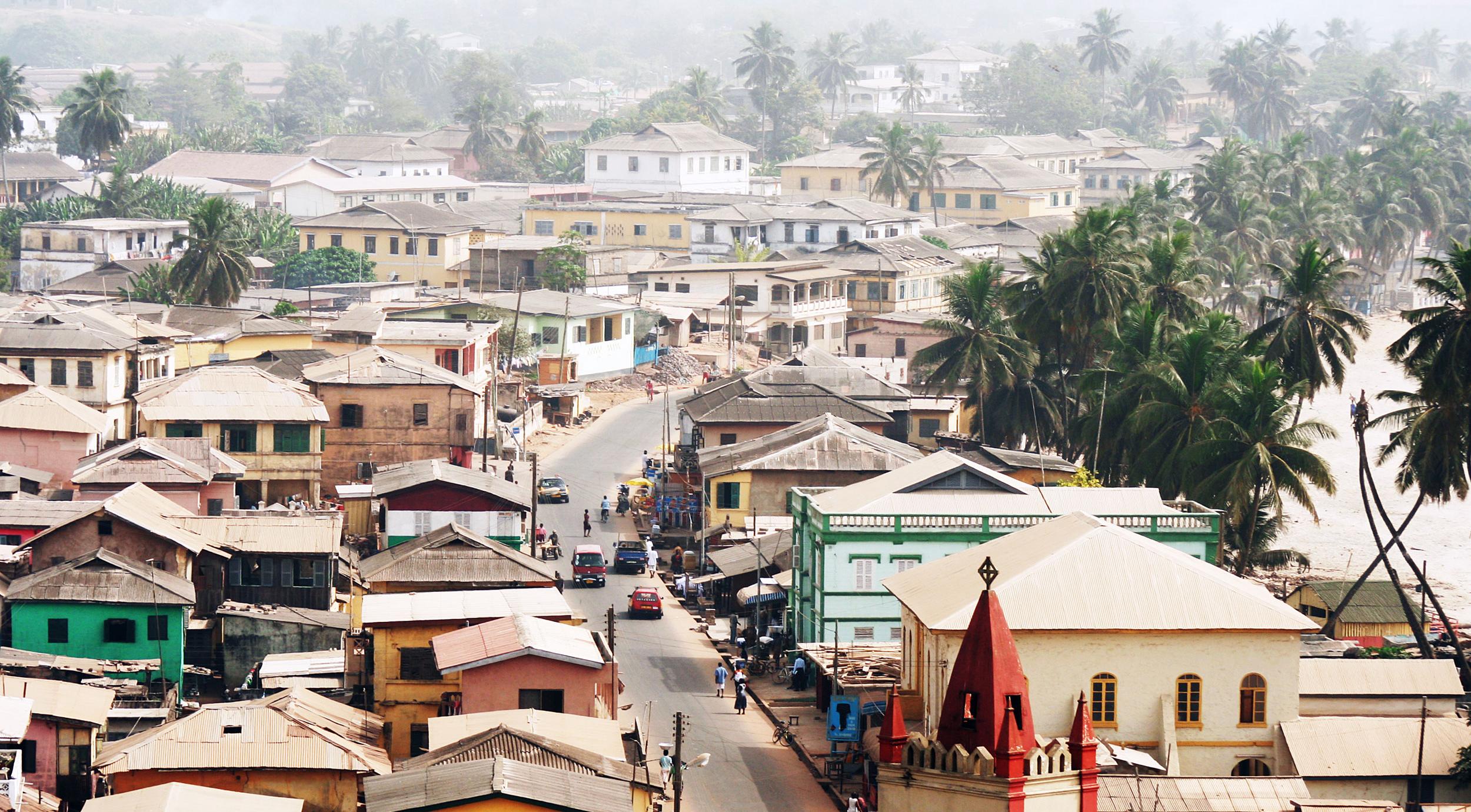 Aerial view of the town in Legon, Ghana.