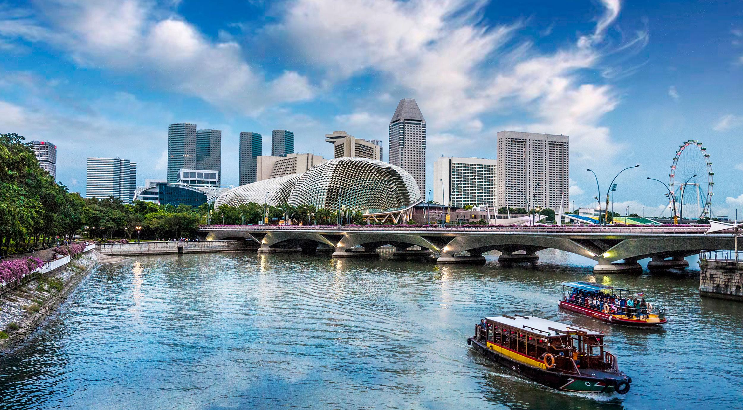 View overlooking the water in Singapore, Esplanade theater in the distance