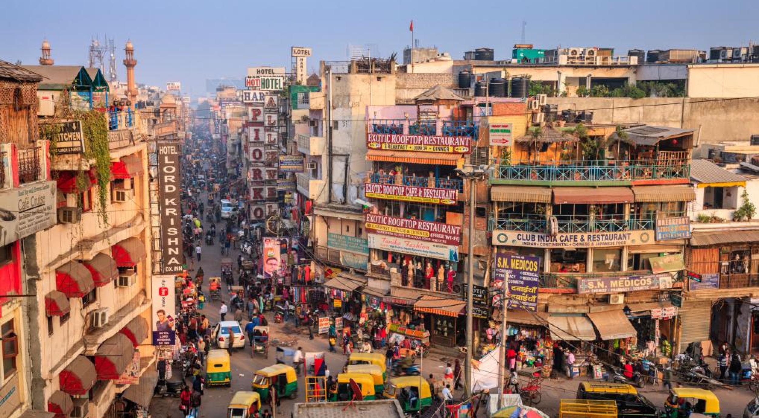 Aerial view of a busy street in New Delhi